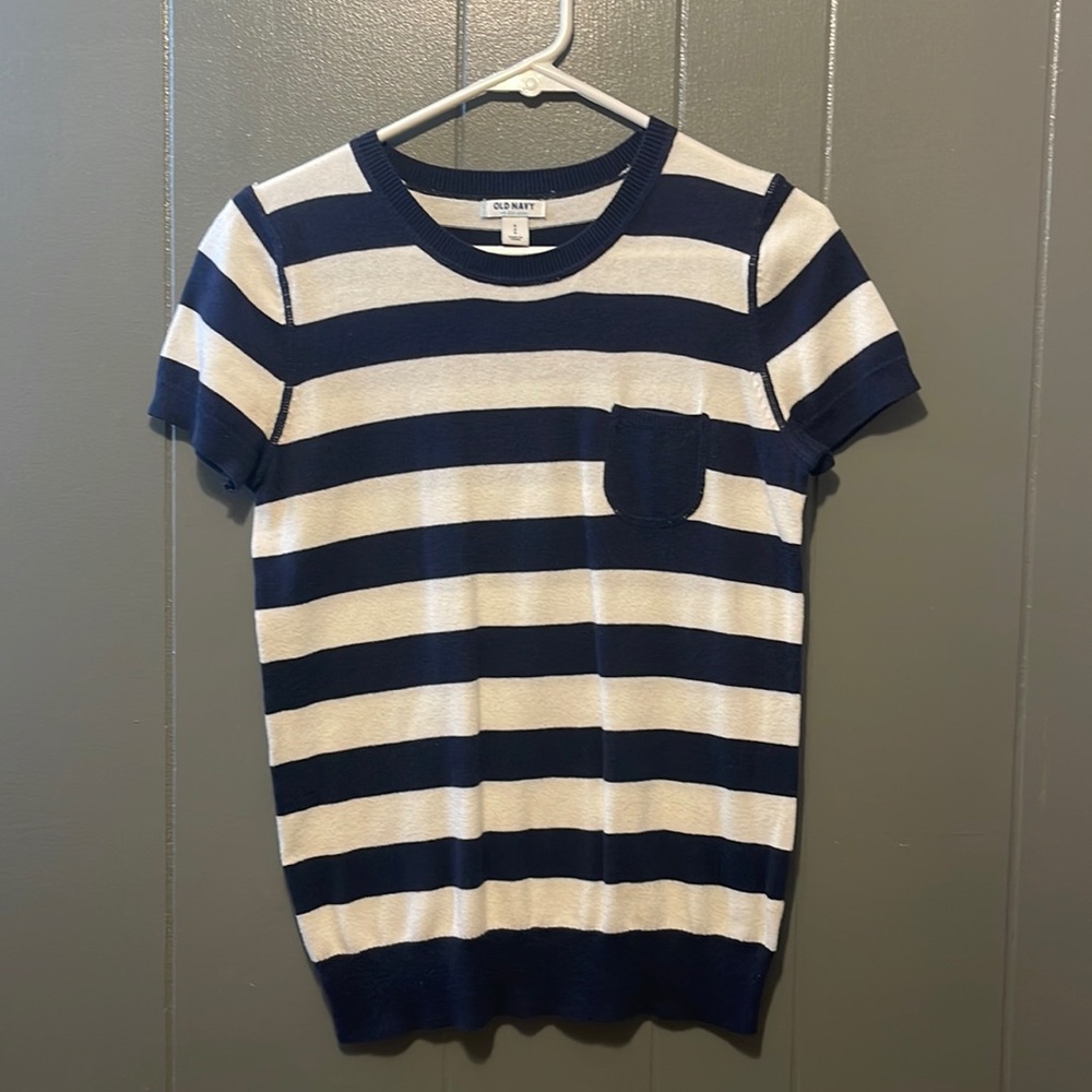 Old Navy small navy blue and white striped shirt sleeved shirt.